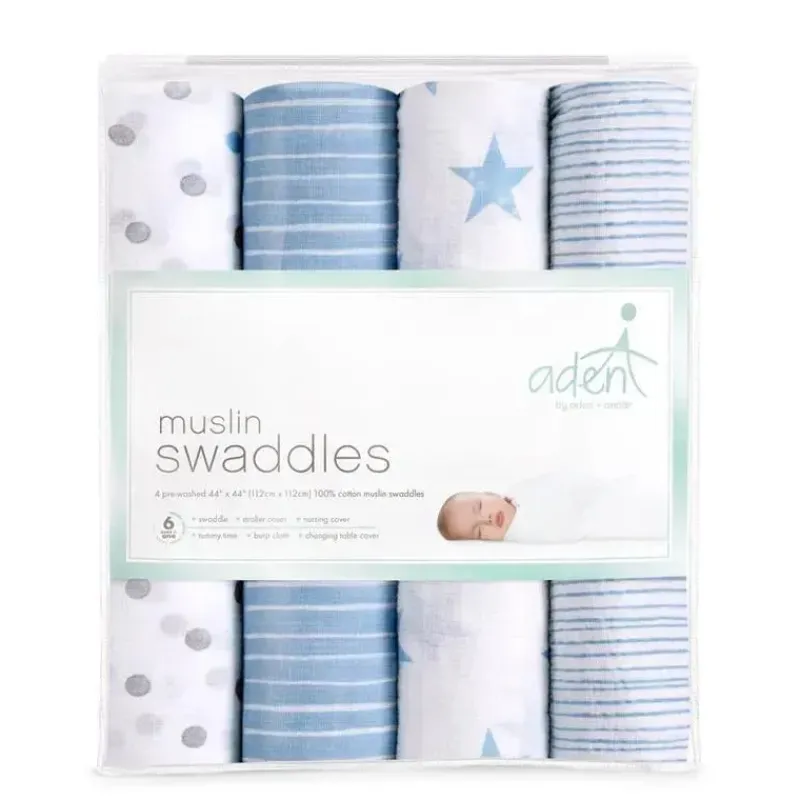 Aden + Anais Blanket Gift Set|Swaddles & Wearable Blankets*- 4 Pk Muslin Swaddles, Dapper