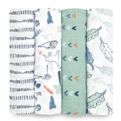 Aden + Anais Blanket Gift Set|Swaddles & Wearable Blankets*- 4Pk Cotton Muslin Swaddle, Dinotime