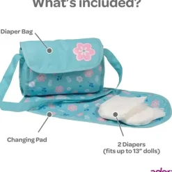 Adora Dolls Accessories|Dolls*- Baby Doll Diaper Bag, Includes Changing Mat and 2 Doll Diapers, Blue Flower Power