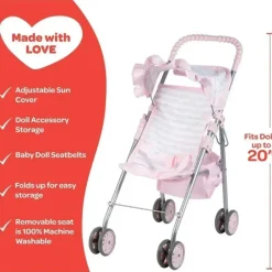 Adora Dolls Accessories|Dolls*- Pastel Pink Heart Baby Doll Stroller with Umbrella Shade & Ruffle Trim