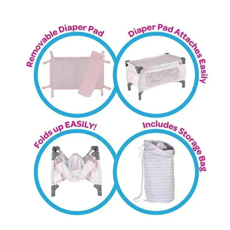 Adora Dolls Accessories|Dolls*Crib Pink Deluxe Pack N Play (7 Piece set)