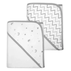 American Baby Company Baby Bath Towels*American Baby - TL Care Terry 2 Pack Hooded Towels, Organic Cotton, Grey Stars/Grey Zigzag