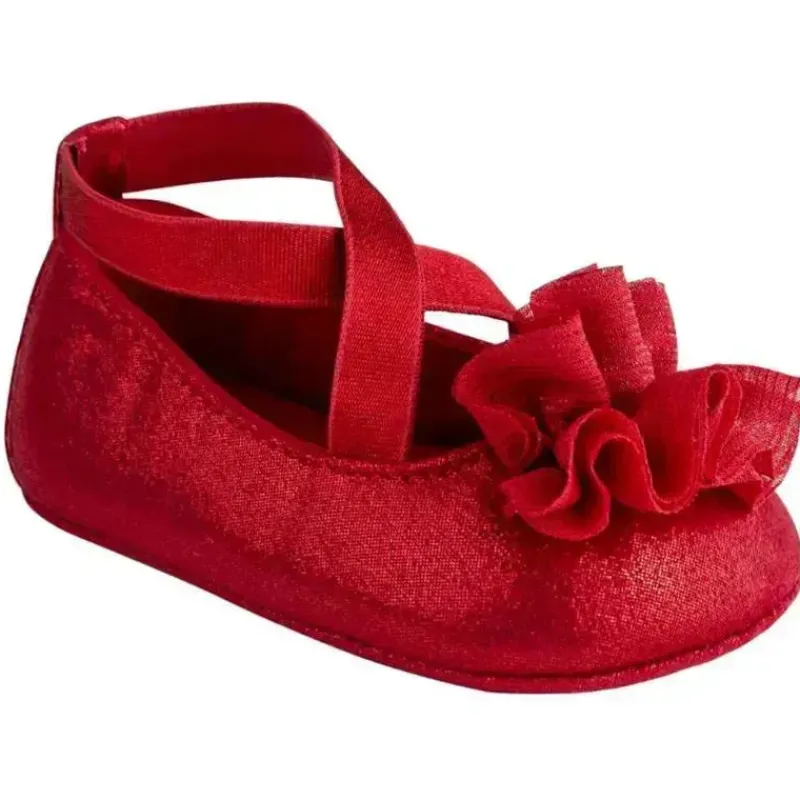 Baby Deer Baby Shoes*- Red Shimmer Pu One-Strap Skimmer W/Shimmer Chiffon Flower Orn