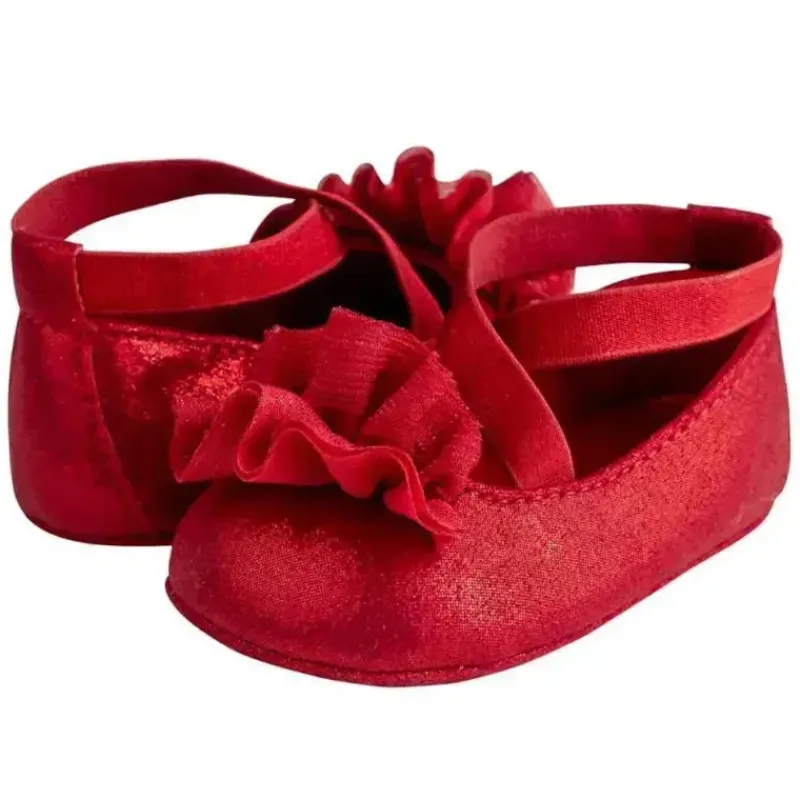 Baby Deer Baby Shoes*- Red Shimmer Pu One-Strap Skimmer W/Shimmer Chiffon Flower Orn
