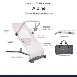 Baby Delight Bouncers, Swings & Rockers|Gift For Dad*- Alpine Deluxe Portable Bouncer, Peony Pink