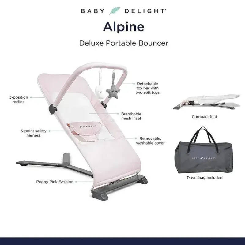 Baby Delight Bouncers, Swings & Rockers|Gift For Dad*- Alpine Deluxe Portable Bouncer, Peony Pink
