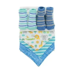Baby King Baby Gloves & Socks*- 2Pk Baby Boy Bootie & 3Pk Bandana Bib Safari Animals, Blue