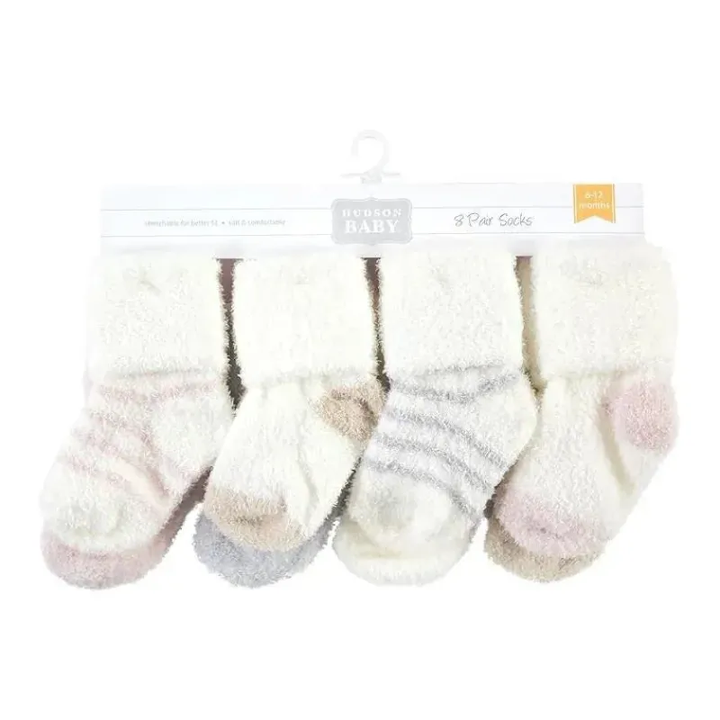 Baby Vision Baby Gloves & Socks*- Chenille Socks 8Pk, Pink Neutral Stripe - Large