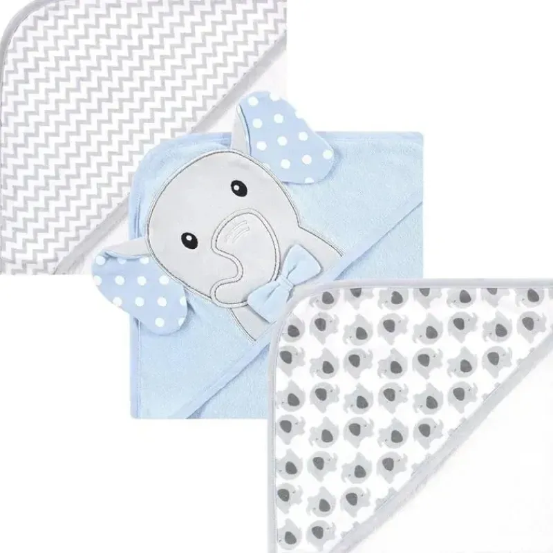 Baby Vision Baby Bath Towels*- Hudson Baby Unisex Baby Cotton Rich Hooded Towels, White Dots Gray Elephant