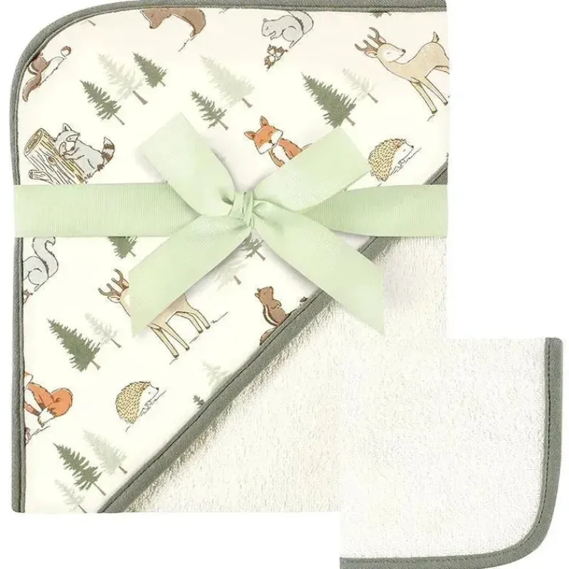 Baby Vision Baby Bath Towels*- Hudson Baby Cotton Hooded Towel and Washcloth, Forest Animals