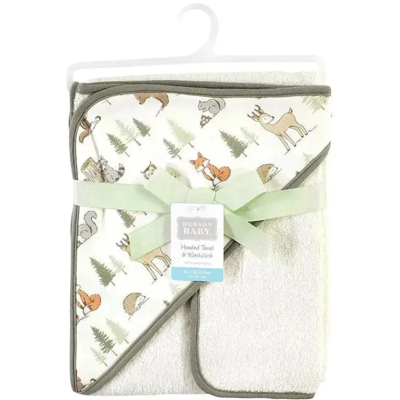 Baby Vision Baby Bath Towels*- Hudson Baby Cotton Hooded Towel and Washcloth, Forest Animals