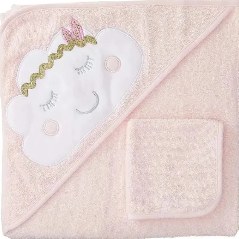 Baby Vision Baby Bath Towels*- Hudson Baby Cotton Hooded Towel and Washcloth, Boho Cloud