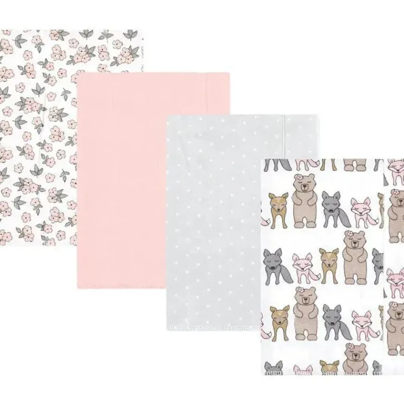 Baby Vision Baby Hair Accessories*- Hudson Baby Unisex Baby Cotton Flannel Burp Cloths 4-Pack, Wild Forest Pink, One Size