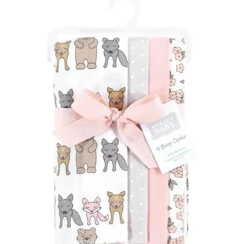 Baby Vision Baby Hair Accessories*- Hudson Baby Unisex Baby Cotton Flannel Burp Cloths 4-Pack, Wild Forest Pink, One Size