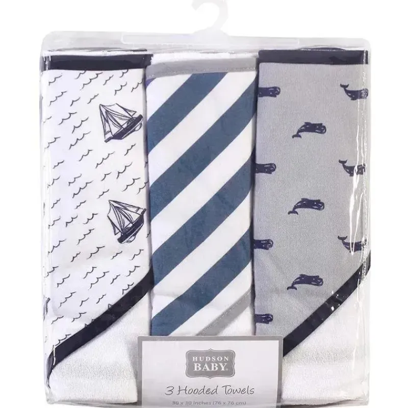 Baby Vision Baby Bath Towels*- 3Pk Hudson Baby Cotton Rich Hooded Towels, Sailboat