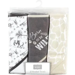 Baby Vision Baby Bath Towels*- 3Pk Hudson Baby Cotton Rich Hooded Towels, Vintage Safari