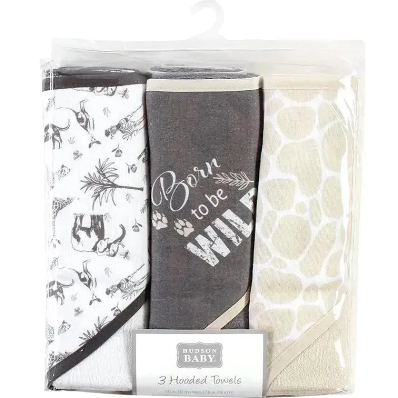 Baby Vision Baby Bath Towels*- 3Pk Hudson Baby Cotton Rich Hooded Towels, Vintage Safari