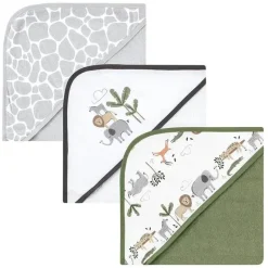Baby Vision Baby Bath Towels*- 3Pk Hudson Baby Cotton Rich Hooded Towels, Safari Life