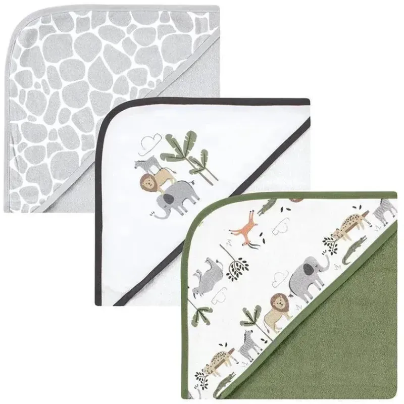 Baby Vision Baby Bath Towels*- 3Pk Hudson Baby Cotton Rich Hooded Towels, Safari Life