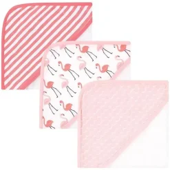 Baby Vision Baby Bath Towels*- 3Pk Hudson Baby Cotton Rich Hooded Towels, Coral Flamingo