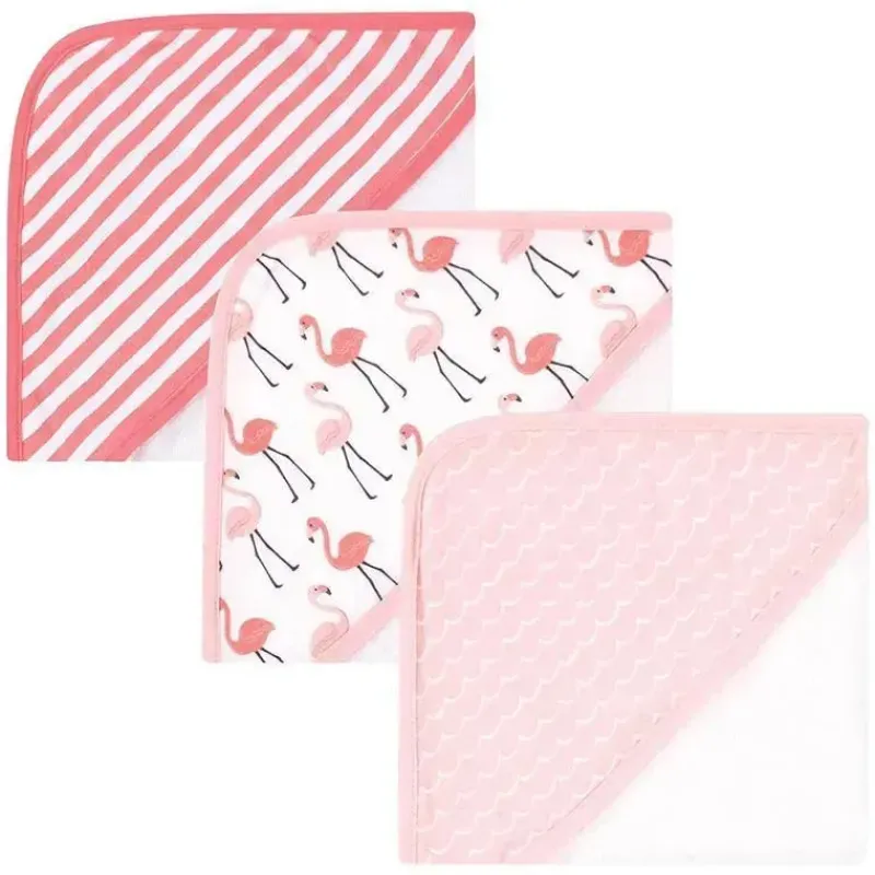 Baby Vision Baby Bath Towels*- 3Pk Hudson Baby Cotton Rich Hooded Towels, Coral Flamingo