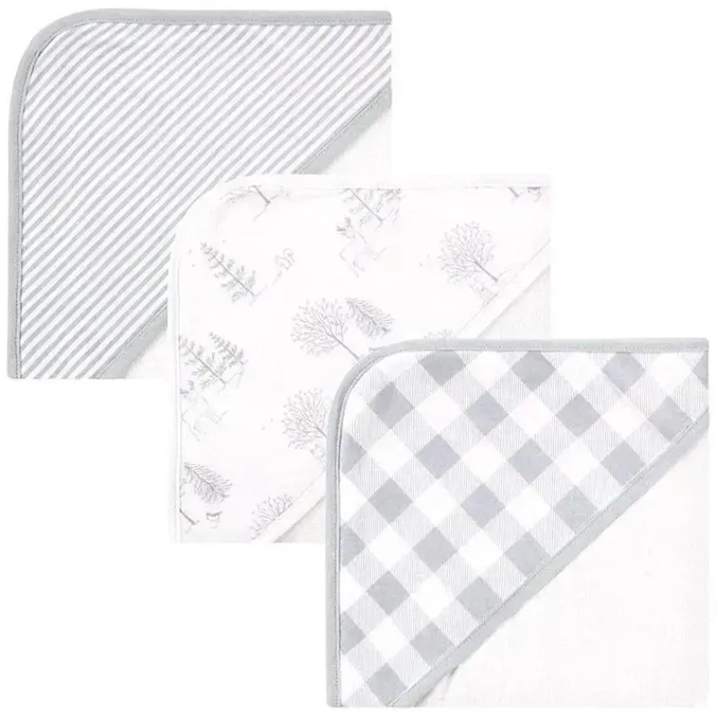 Baby Vision Organic|Baby Bath Towels*- 3Pk Touched by Nature Baby Organic Cotton Hooded Towels, Gray Woodland