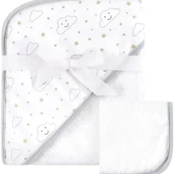 Baby Vision Baby Bath Towels*Bath - Print Woven Hooded Towel And Washcloth, Gray Cloud