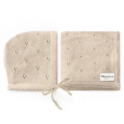 Bleu La La Blanket Gift Set|Blankets & Quilts*- 100% Organic Cotton Luxury Organic Blanket + Bonnet Hat Set, Beige