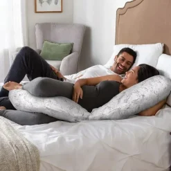 Boppy Body Pillow|Gift For Mom*- Slipcovered Total Body Pregnancy Pillow, Gray Scattered Leaves