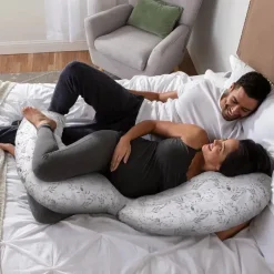 Boppy Body Pillow|Gift For Mom*- Slipcovered Total Body Pregnancy Pillow, Gray Scattered Leaves