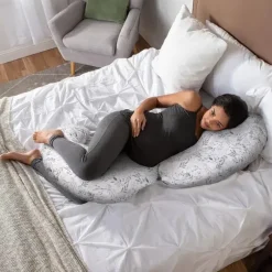 Boppy Body Pillow|Gift For Mom*- Slipcovered Total Body Pregnancy Pillow, Gray Scattered Leaves