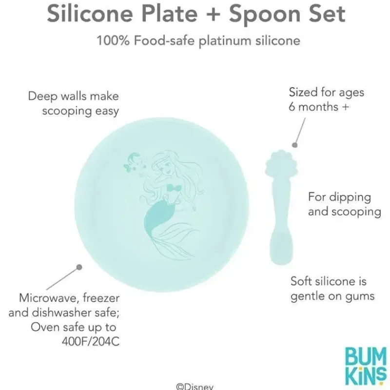 Bumkins Disney Princess|Plates & Bowls*- Disney Baby and Toddler Silicone Plate and Spoon Set, 6 Months Up, Princess Ariel
