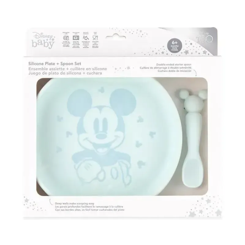 Bumkins Mickey & Minnie|Plates & Bowls*- Disney Baby and Toddler Silicone Plate and Spoon Set, 6 Months Up, Mickey Mouse