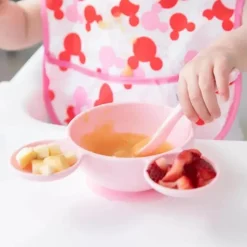 Bumkins Mickey & Minnie|Food Jars & Snack Cups*- Silicone Feeding Set with Suction for Baby and Toddler, Minnie Mouse Light Pink