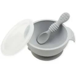 Bumkins Suction Plates & Bowls|Dishes, Utensils & Food Containers*- Silicone First Feeding Set with Lid & Spoon, Gray