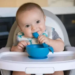 Bumkins Suction Plates & Bowls|Dishes, Utensils & Food Containers*- Silicone First Feeding Set with Lid & Spoon, Gray