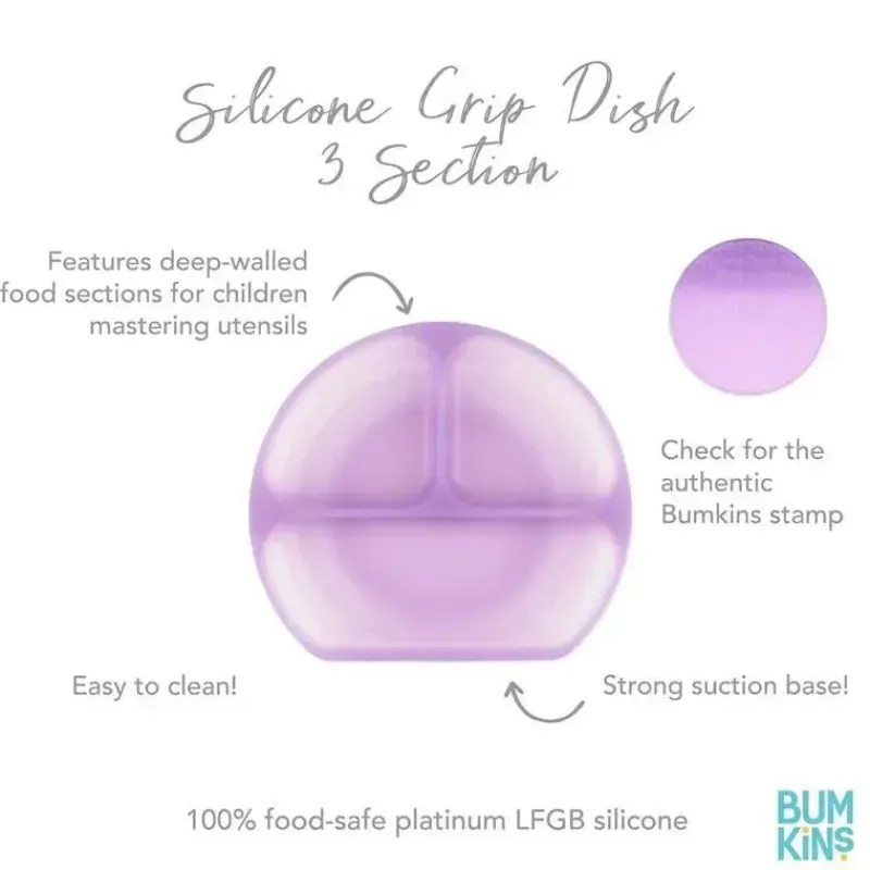 Bumkins Suction Plates & Bowls|Dishes, Utensils & Food Containers*- Toddler and Baby Suction Plate, Silicone Divided Grip Dish, Purple Jelly