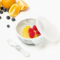 Bumkins Suction Plates & Bowls|Dishes, Utensils & Food Containers*Silicone First Feeding Set with Lid & Spoon, Marble
