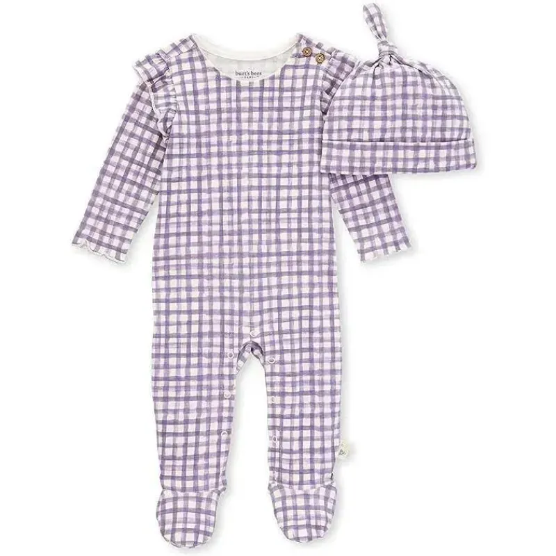 Burt's Bees Baby Baby Sleepwear*Burts Bees - Micro Gingham Jumpsuit & Knot Top Hat Set, Dawn