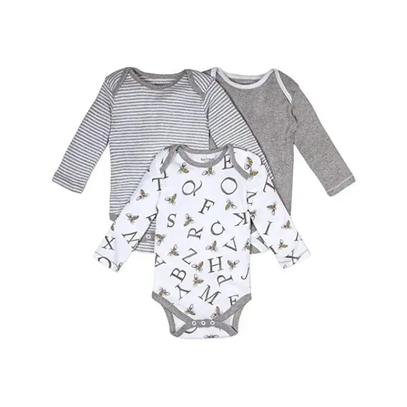 Burt's Bees Baby Organic|Preemie Clothing*Burts Bees - 3Pk A-Bee-C Organic Long Sleeve Bodysuits, Heather Grey