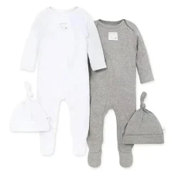 Burt's Bees Baby Clothing Gift Set|Baby Sleepwear*Burts Bees - 2Pk Coveralls & Knot Top Hats, Heather Grey