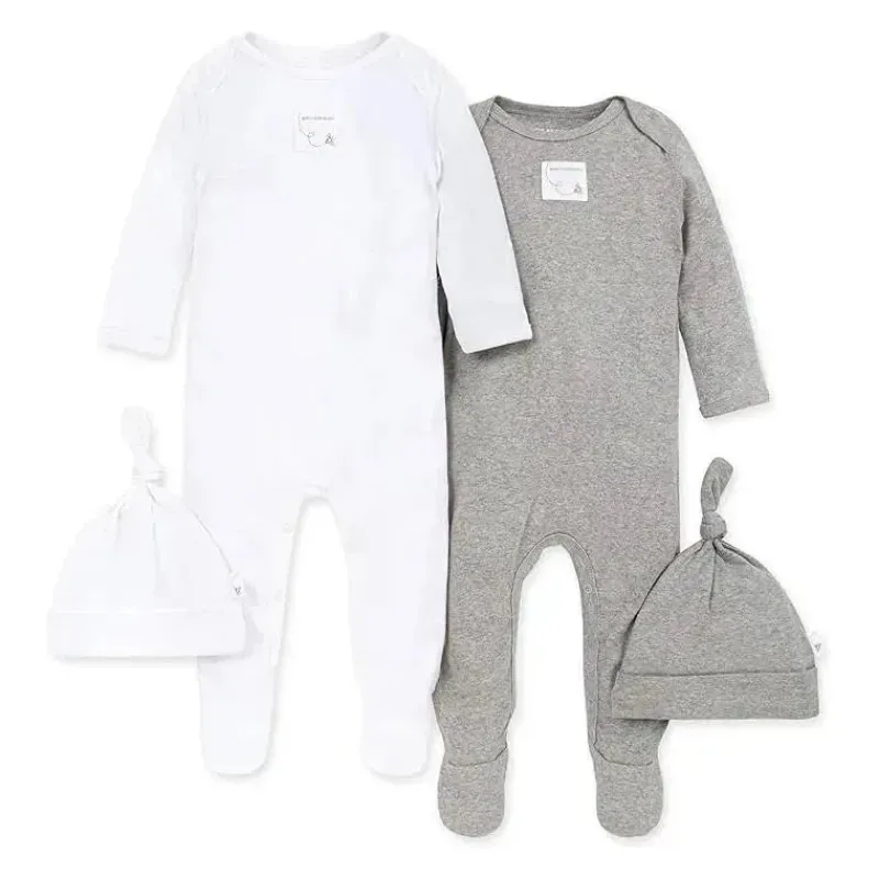 Burt's Bees Baby Clothing Gift Set|Baby Sleepwear*Burts Bees - 2Pk Coveralls & Knot Top Hats, Heather Grey