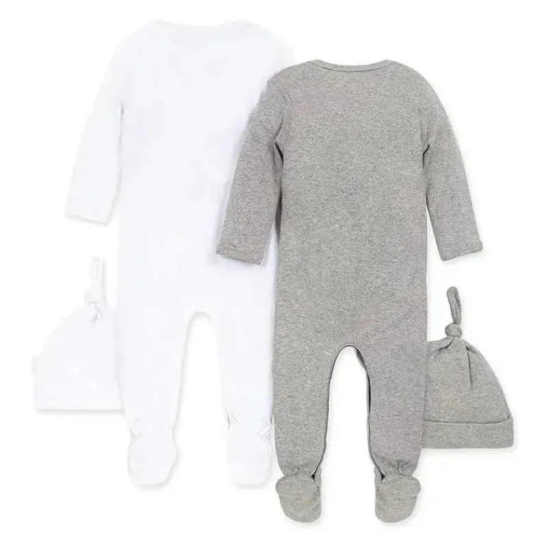 Burt's Bees Baby Clothing Gift Set|Baby Sleepwear*Burts Bees - 2Pk Coveralls & Knot Top Hats, Heather Grey
