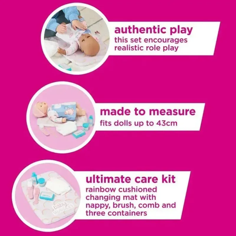 Casdon Toys Pretend Play*Casdon - Ultimate Care Kit for Dolls with Rainbow Cushioned Changing Mat, Nappy, Brush, Comb, and Containers - Ages 3 plus