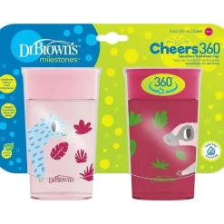 Dr. Brown's Straw, Sippy & Training Cups|Dishes, Utensils & Food Containers*Dr Brown - Milestones Cheers 360 Transition Sippy Cup, Pink Leopard and Red Lemur, 10 oz, 2 Pack