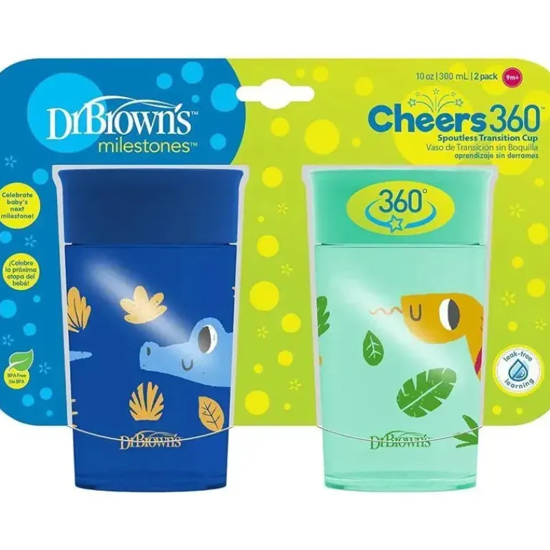 Dr. Brown's Straw, Sippy & Training Cups|Dishes, Utensils & Food Containers*Dr Brown - Milestones Cheers 360 Transition Sippy Cup, Blue Alligator and Turquoise Snake, 10 oz, 2 Pack