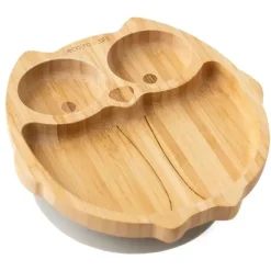 Eco Rascals Organic|Suction Plates & Bowls*Bamboo Suction Plate With Three Sections Owl, Grey