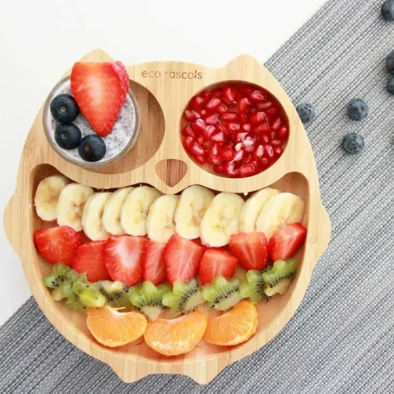 Eco Rascals Organic|Suction Plates & Bowls*Bamboo Suction Plate With Three Sections Owl, Grey