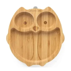 Eco Rascals Organic|Suction Plates & Bowls*Bamboo Suction Plate With Three Sections Owl, Grey