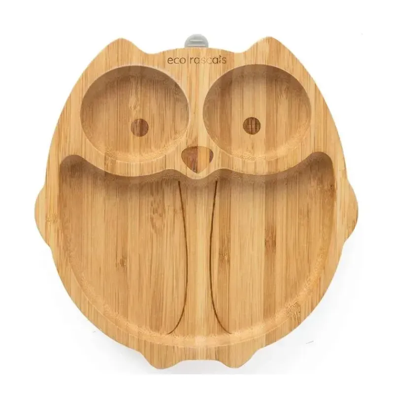 Eco Rascals Organic|Suction Plates & Bowls*Bamboo Suction Plate With Three Sections Owl, Grey
